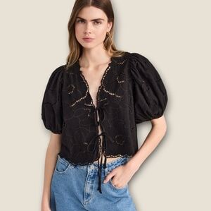 Free People Black Eyelet Puff Sleeve Tie-Front Blouse